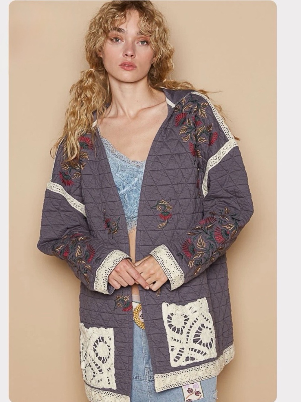 New: POL “Plum” Boho Quilted Embroidered Patchwork Lace Detail Hooded Jacket• L